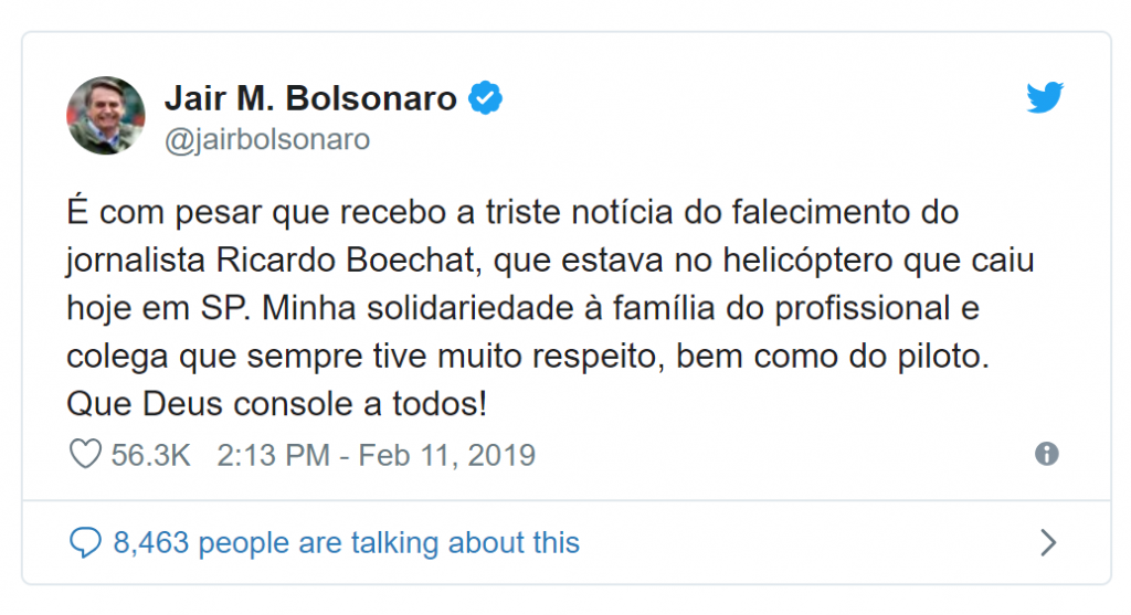 Bolsonaro lamenta morte de Boechat