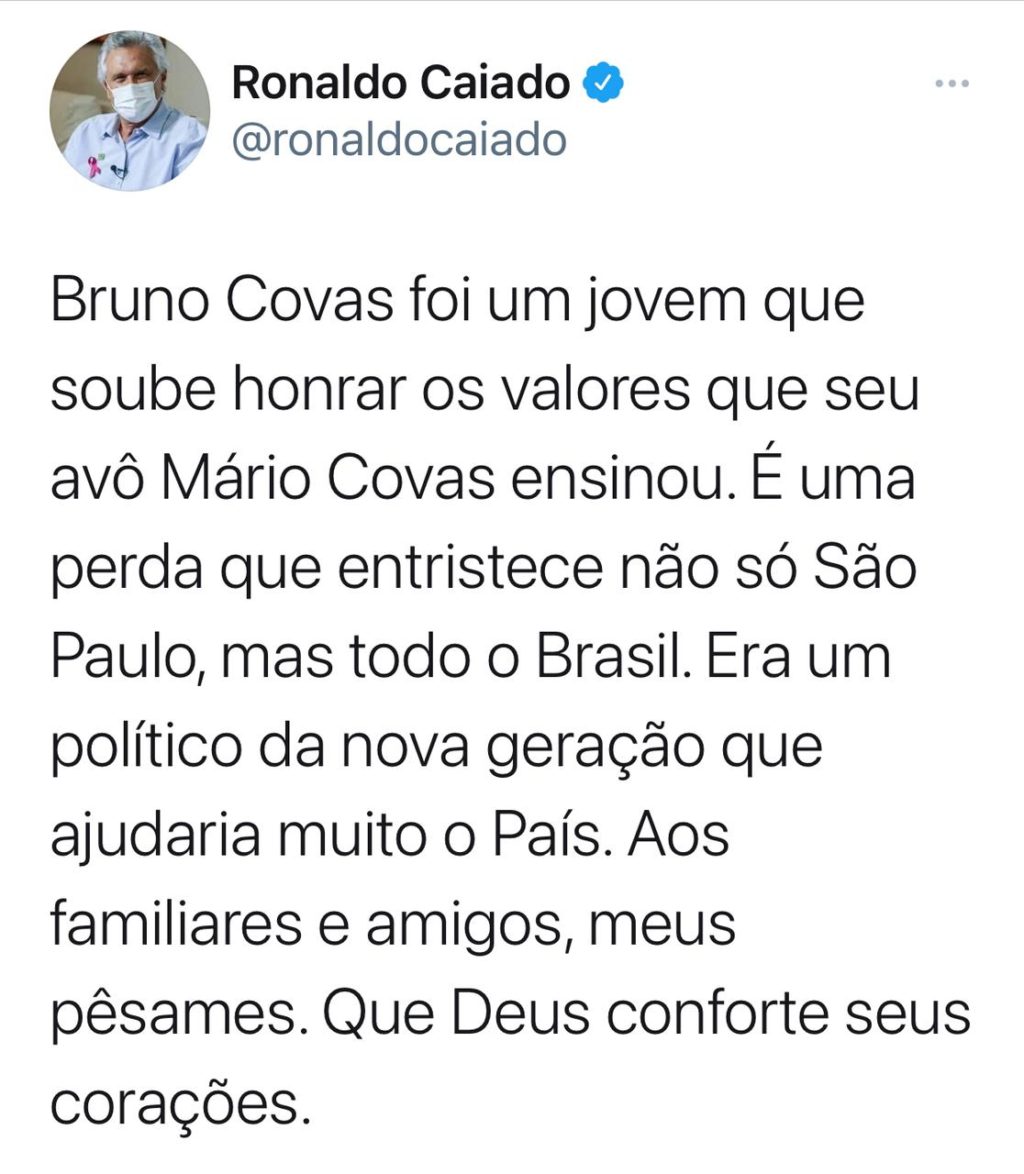Governador Ronaldo Caiado manifesta pesar pela morte do prefeito de São Paulo, Bruno Covas